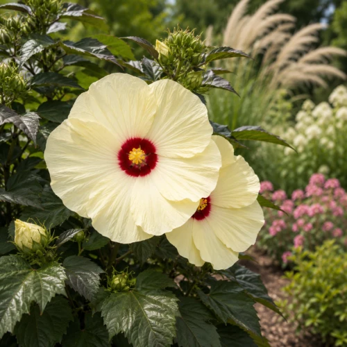 Hibiskus Bagienny French Vanilla P9 sadzonka 0,5l - zjawiskowe kwiaty i zwięzły pokrój
