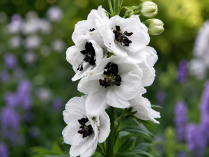 Ostróżka White Dark Bee P9 sadzonka 0,5l - białe kwiaty z czarnym oczkiem